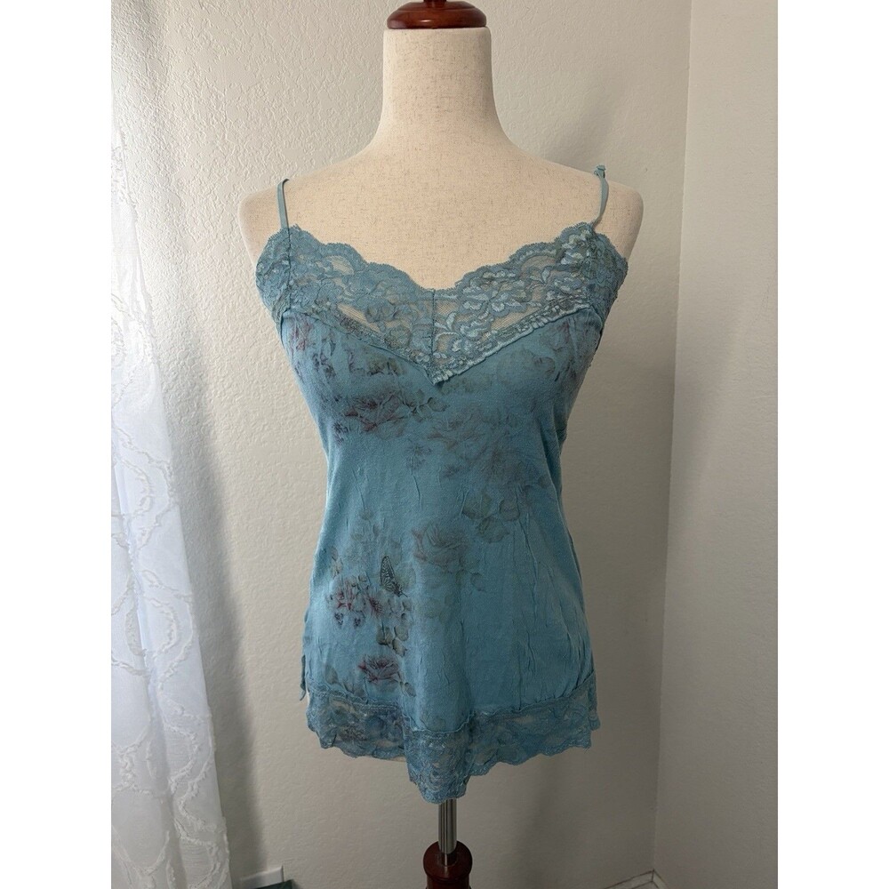 Y2k Women’s M Teal Blue Floral Lace Trim Spaghetti Strap Cami Top Fairy Feminine